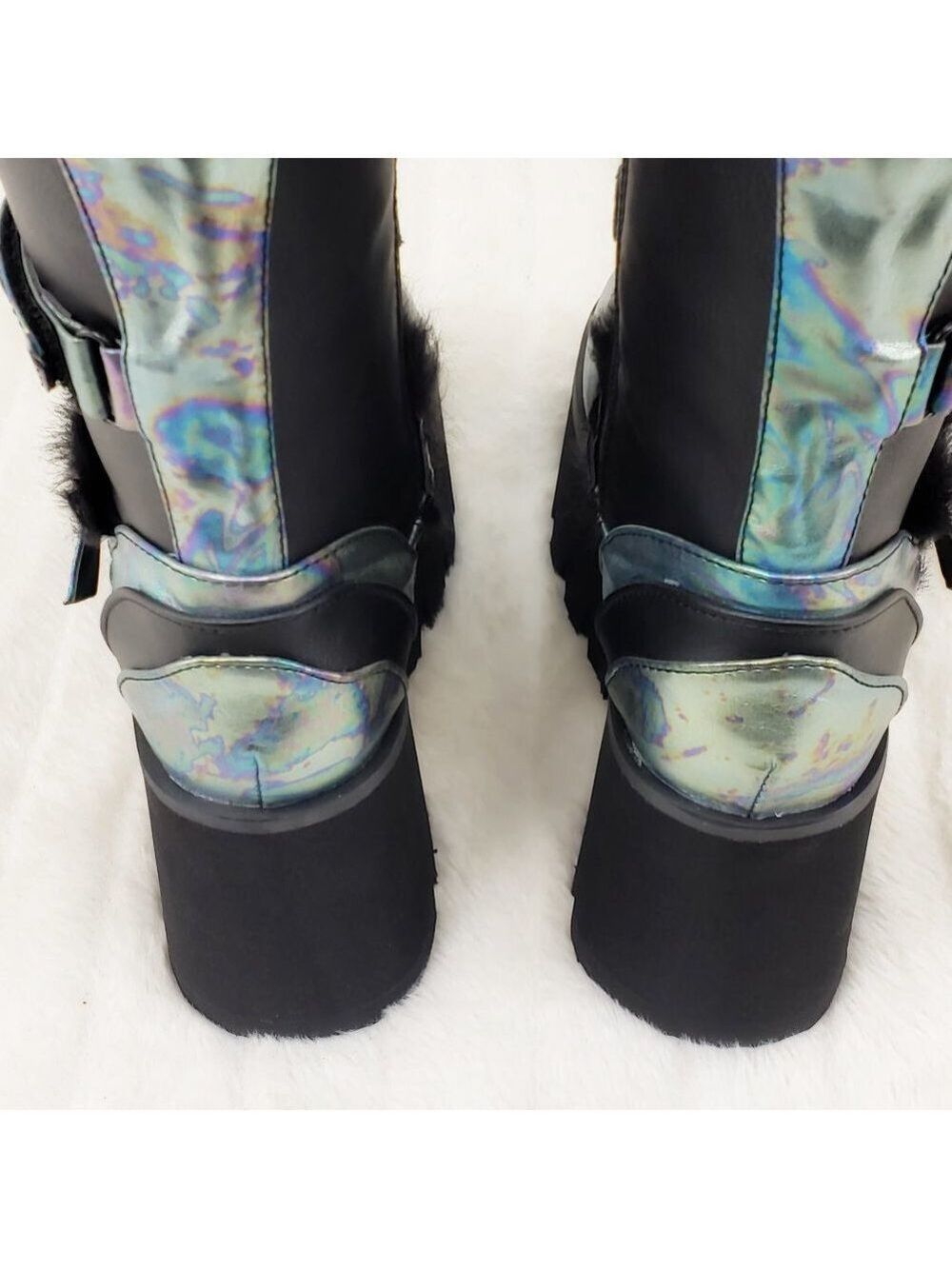 Ash Goth Punk Furry Mid Calf Platform Boots - Picture 6 of 15